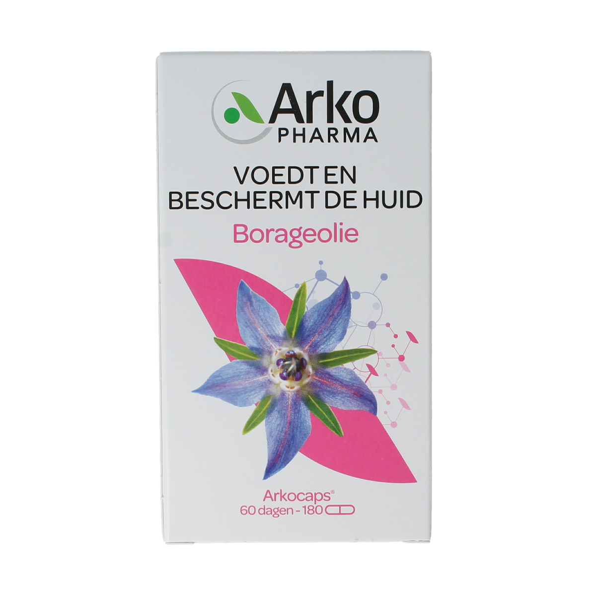 Arkocaps Borage Oil capsules in a bottle, dietary supplement for healthy skin and omega-6 fatty acids, natural Vetzuren product.