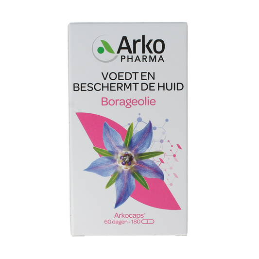 Arkocaps Borage Oil capsules in a bottle, dietary supplement for healthy skin and omega-6 fatty acids, natural Vetzuren product.