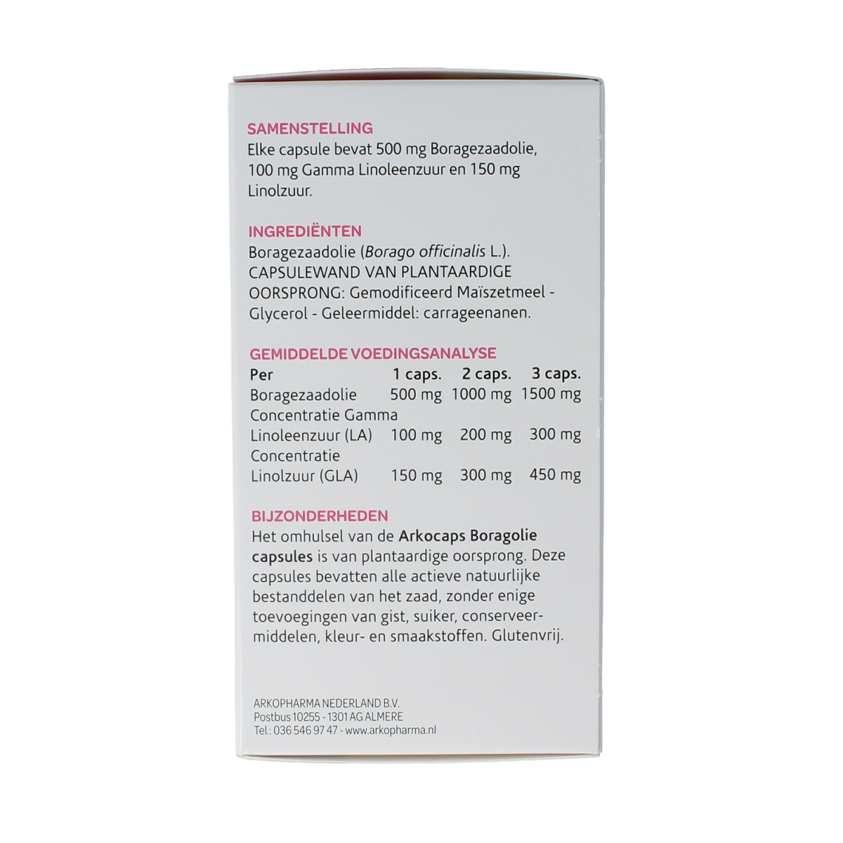 Arkocaps Borage Oil capsules, softgel supplement containing essential fatty acids, displayed in a bottle with capsules visible