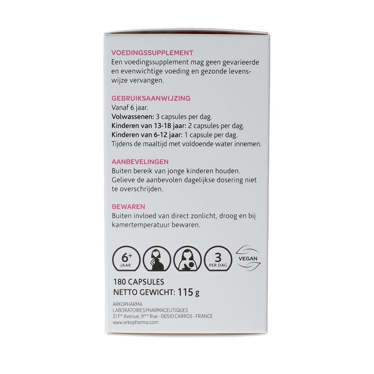 Arkocaps Borage Oil capsules, vegan dietary supplement, close-up of the 180-count bottle showing capsules and label.