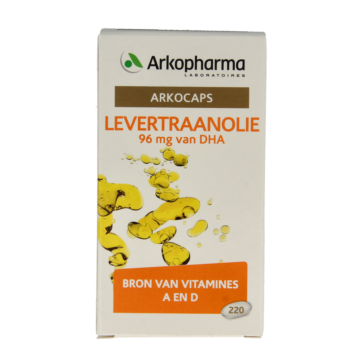 Arkocaps Levertraanolie 220 capsules, vegan omega-3 fatty acids supplement, displayed in a bottle with capsules.