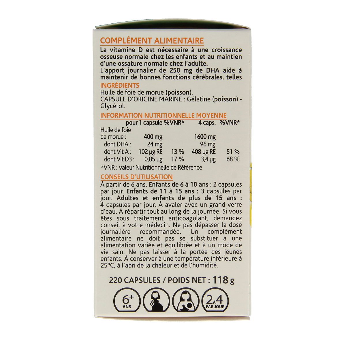 Arkocaps Levertraanolie 220 capsules, vegan omega-3 fatty acids supplement with natural fish oil content.