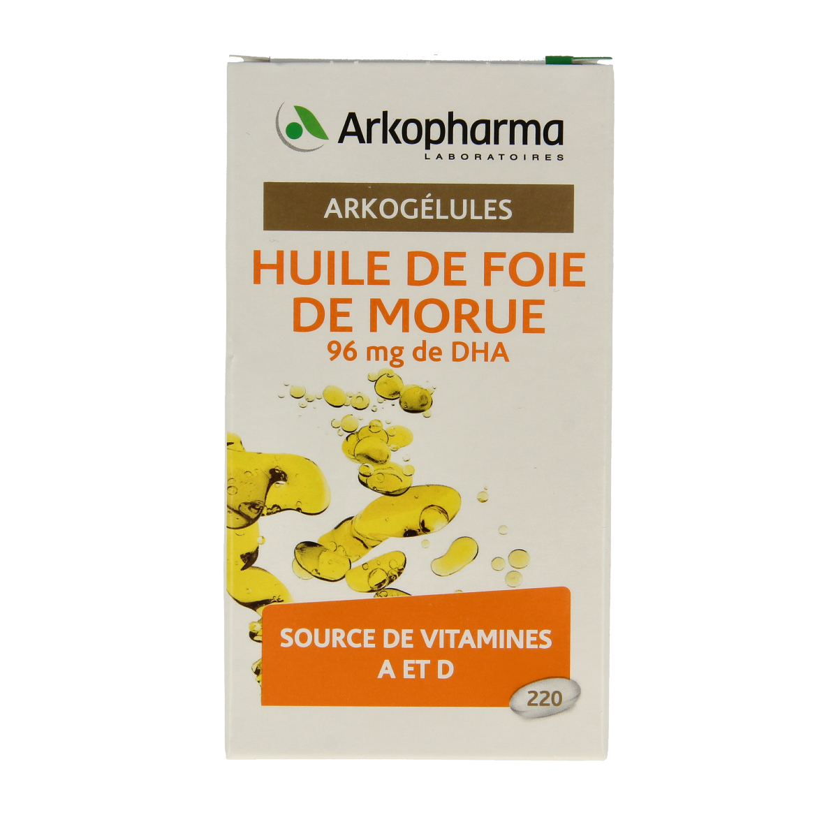 Arkocaps Levertraanolie 220 capsules, softgel capsules containing fish liver oil, by Arkocaps, displayed in a row.