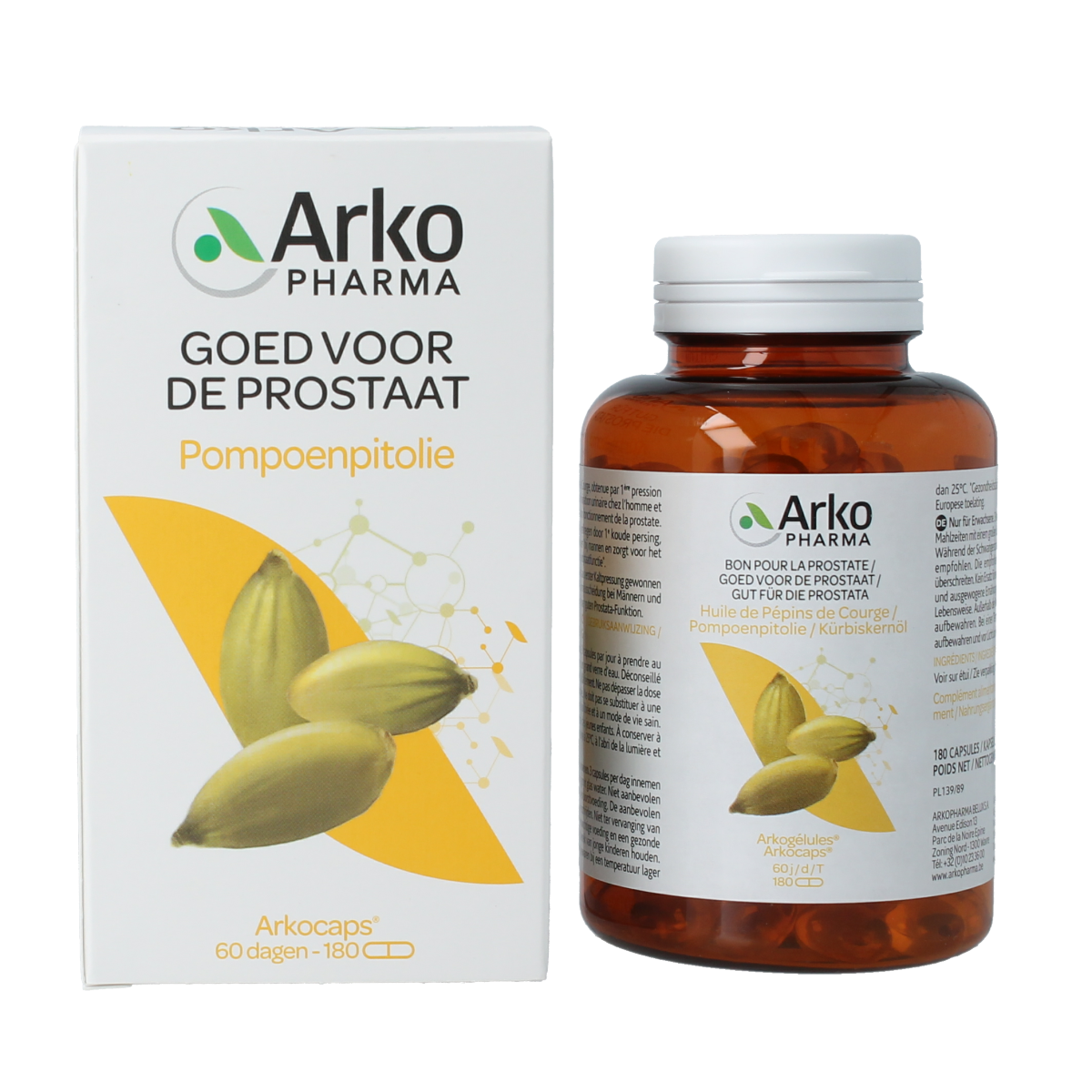 Arkocaps Pompoenpitolie capsules in a bottle, herbal supplement for wellness, by Arkocaps.