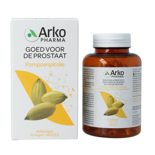 Arkocaps Pompoenpitolie capsules in a bottle, herbal supplement for wellness, by Arkocaps.