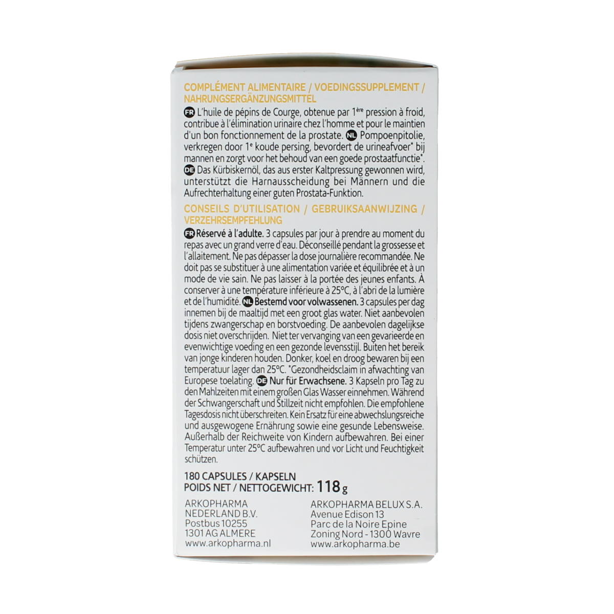 Arkocaps Pompoenpitolie capsules in a bottle, herbal supplement from Arkocaps, featuring pumpkin seed oil capsules.