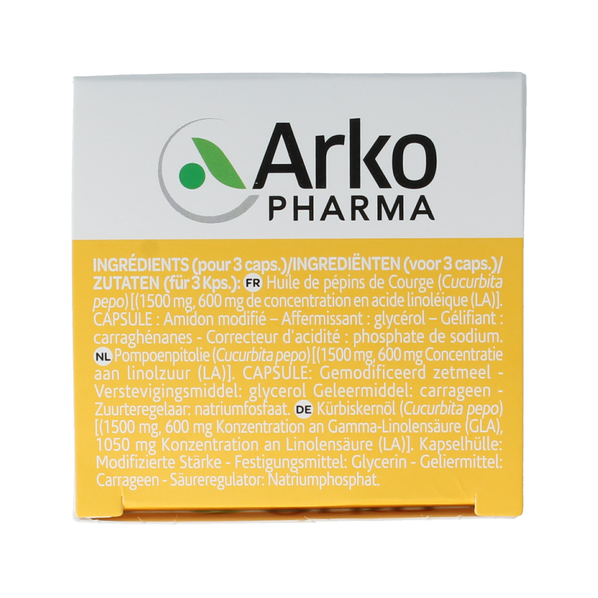 Arkocaps Pompoenpitolie capsules in a blister pack, herbal supplement for health and wellness from Arkocaps.