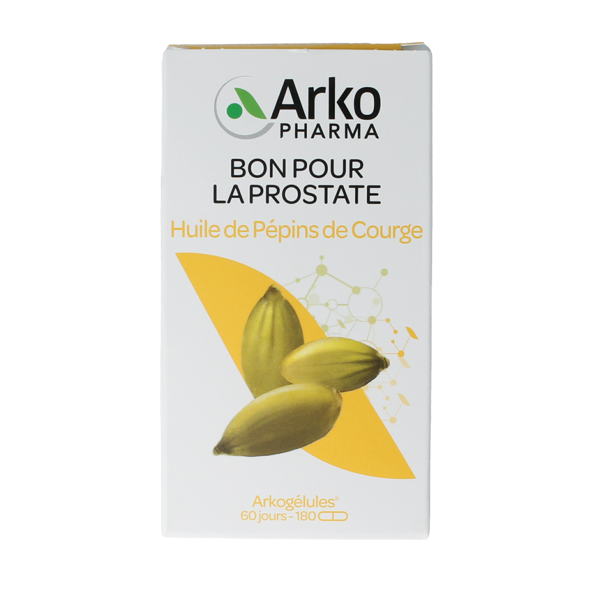 Arkocaps Pompoenpitolie capsules in a bottle, herbal supplement by Arkocaps, with pumpkin seed oil capsules visible.