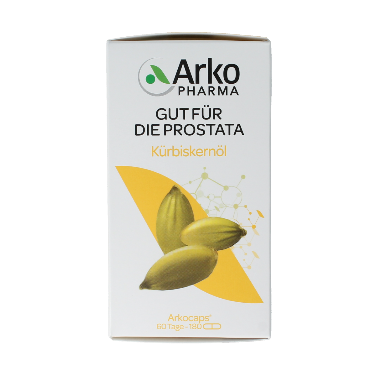 Arkocaps Pompoenpitolie capsules in a bottle, herbal supplement by Arkocaps, 180 capsules, natural pumpkin seed oil product.