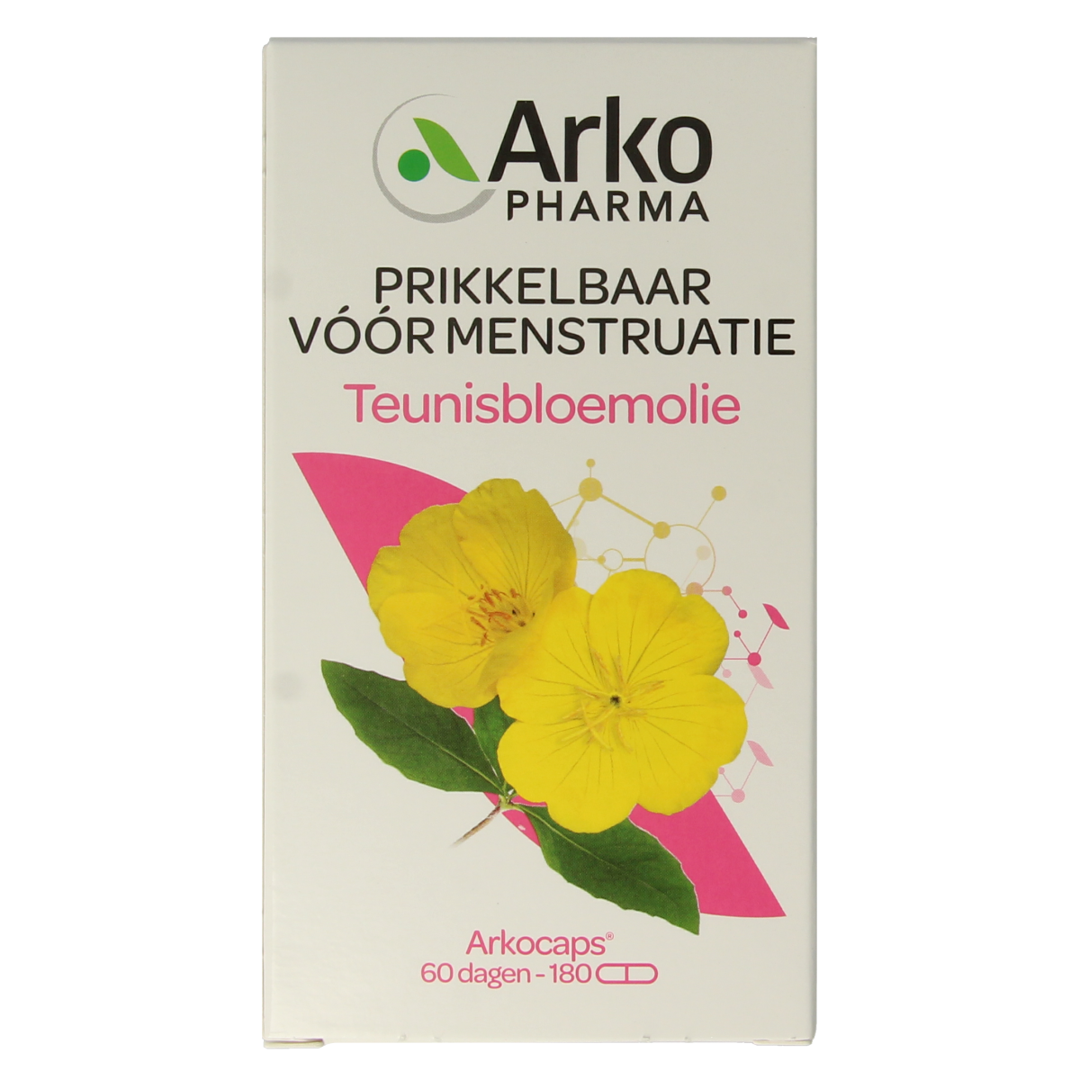 Arkocaps Teunisbloemolie capsules in a bottle, herbal supplement for supporting skin and hormone health, by Arkocaps.