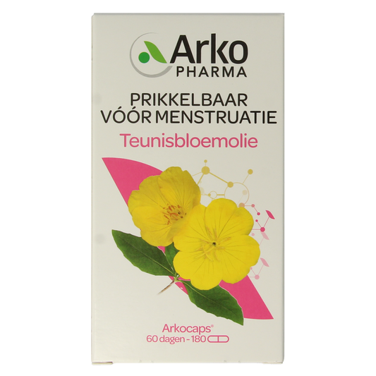 Arkocaps Teunisbloemolie capsules in a bottle, herbal supplement for supporting skin and hormone health, by Arkocaps.