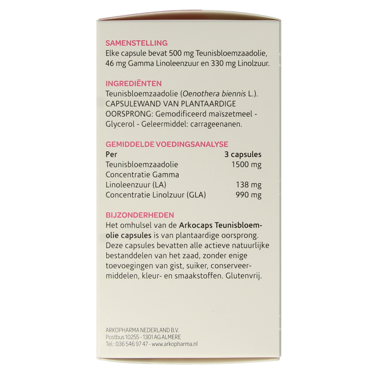 Arkocaps Teunisbloemolie capsules in a bottle, herbal supplement for wellness, part of Arkocaps kruiddenpreparaten collection