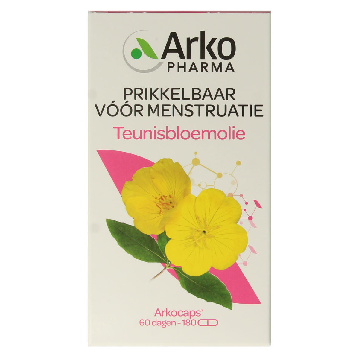 Arkocaps Teunisbloemolie capsules in a bottle, herbal supplement from Arkocaps, with orange-colored capsules shown.