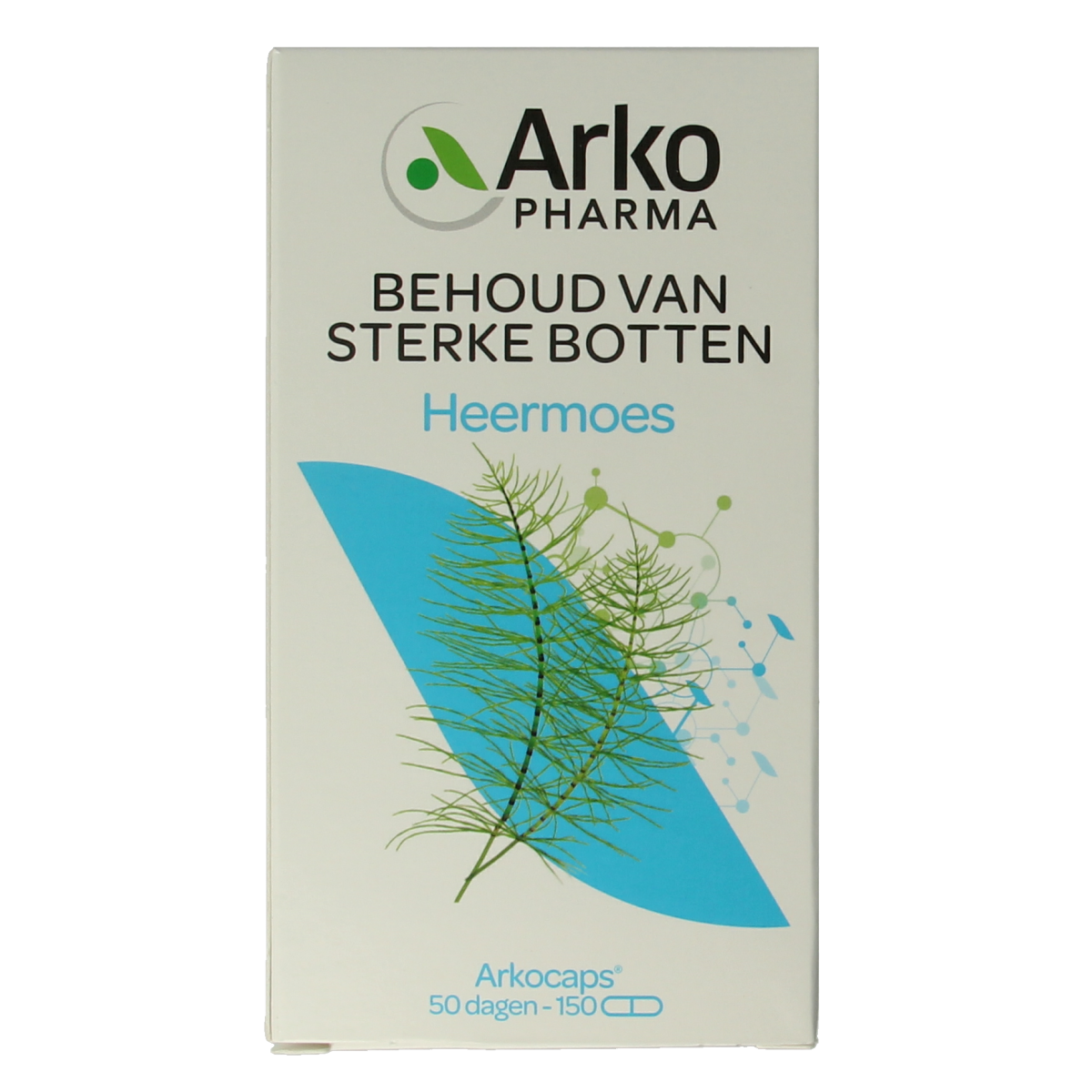 Arkocaps Heermoes capsules, herbal supplement by Arkocaps, showing a bottle of 150 capsules with herbal label and cap.