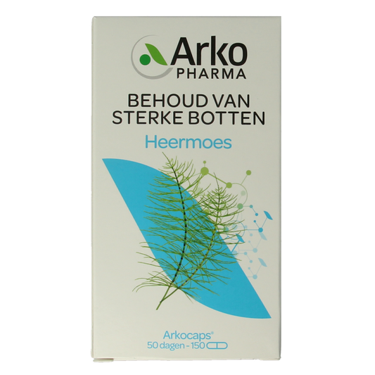 Arkocaps Heermoes capsules, herbal supplement by Arkocaps, showing a bottle of 150 capsules with herbal label and cap.