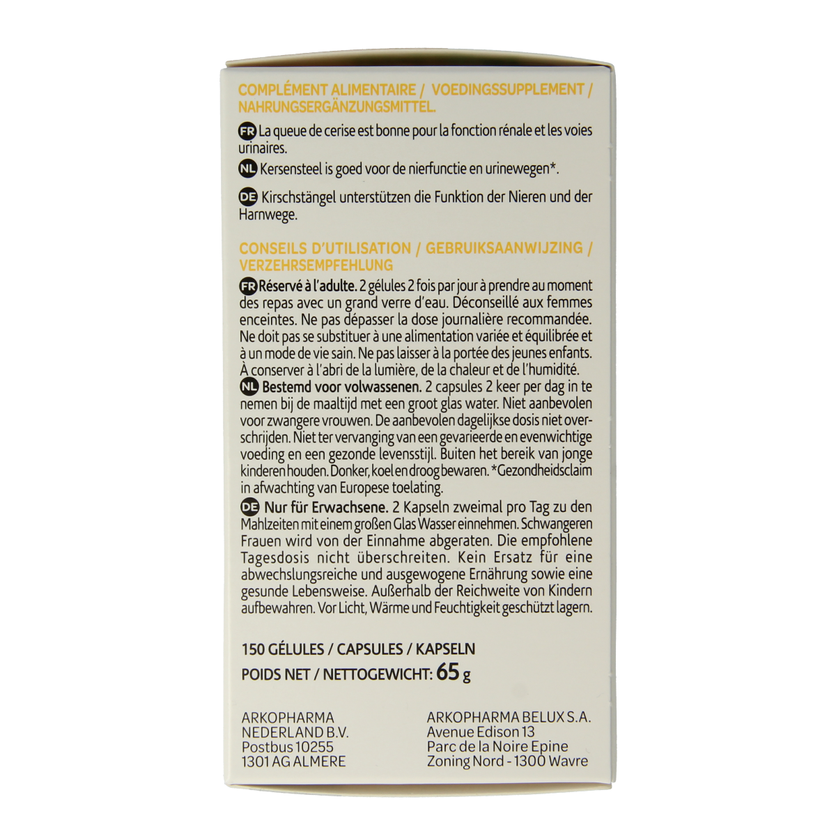 Arkocaps Kersensteel herbal supplement capsules in a clear container, showing numerous small, dark capsules inside.