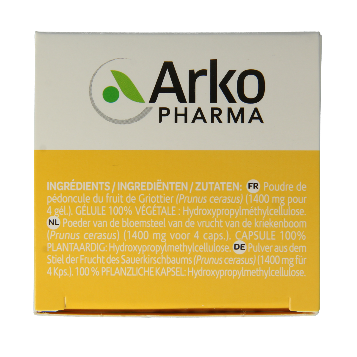 Arkocaps Kersensteel herbal supplement capsules, 150 caps, natural herbal preparation by Arkocaps with green and white capsule images.