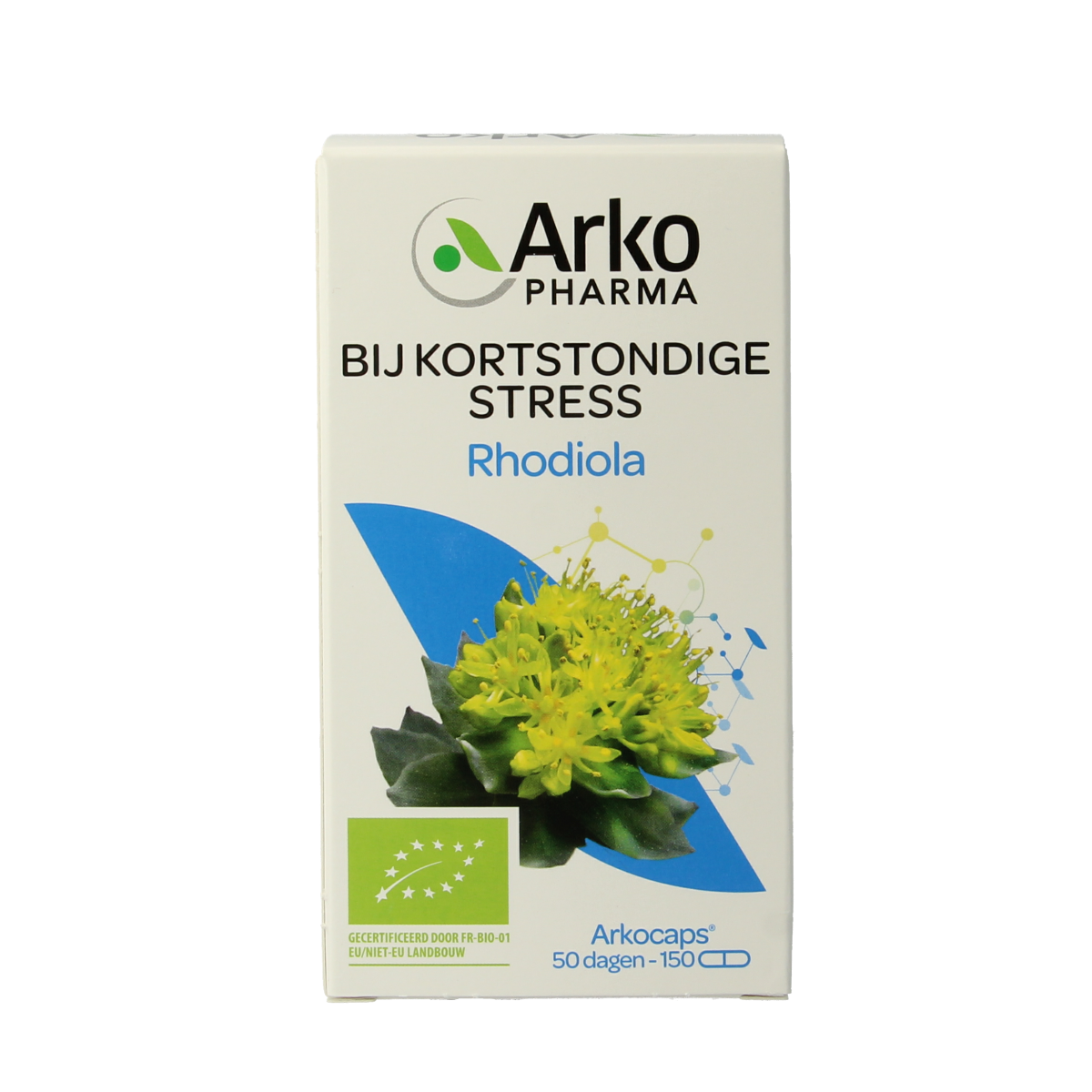 Arkocaps Rhodiola bio capsules, herbal supplement in a white container with label and capsules visible inside.