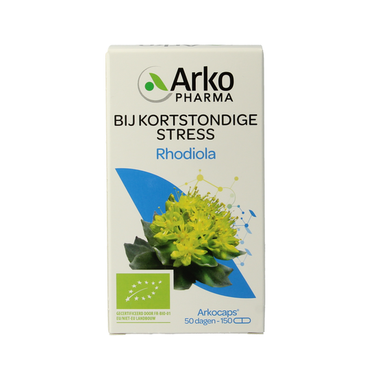 Arkocaps Rhodiola bio capsules, herbal supplement in a white container with label and capsules visible inside.