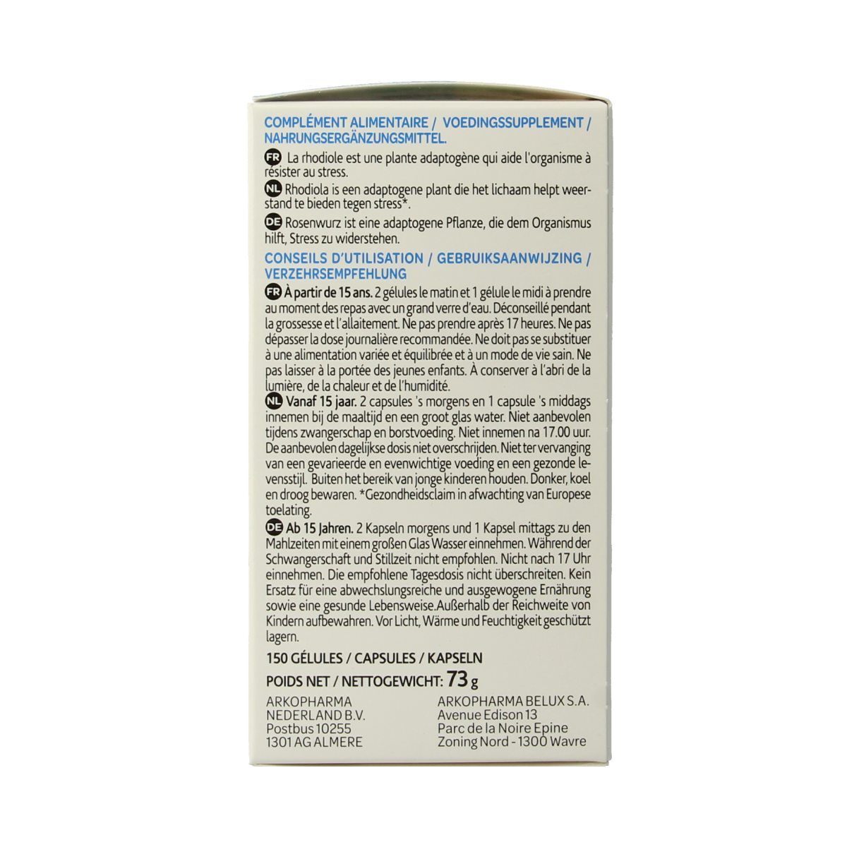 Arkocaps Rhodiola bio capsules in a container, showing the herbal supplement packaging and label.