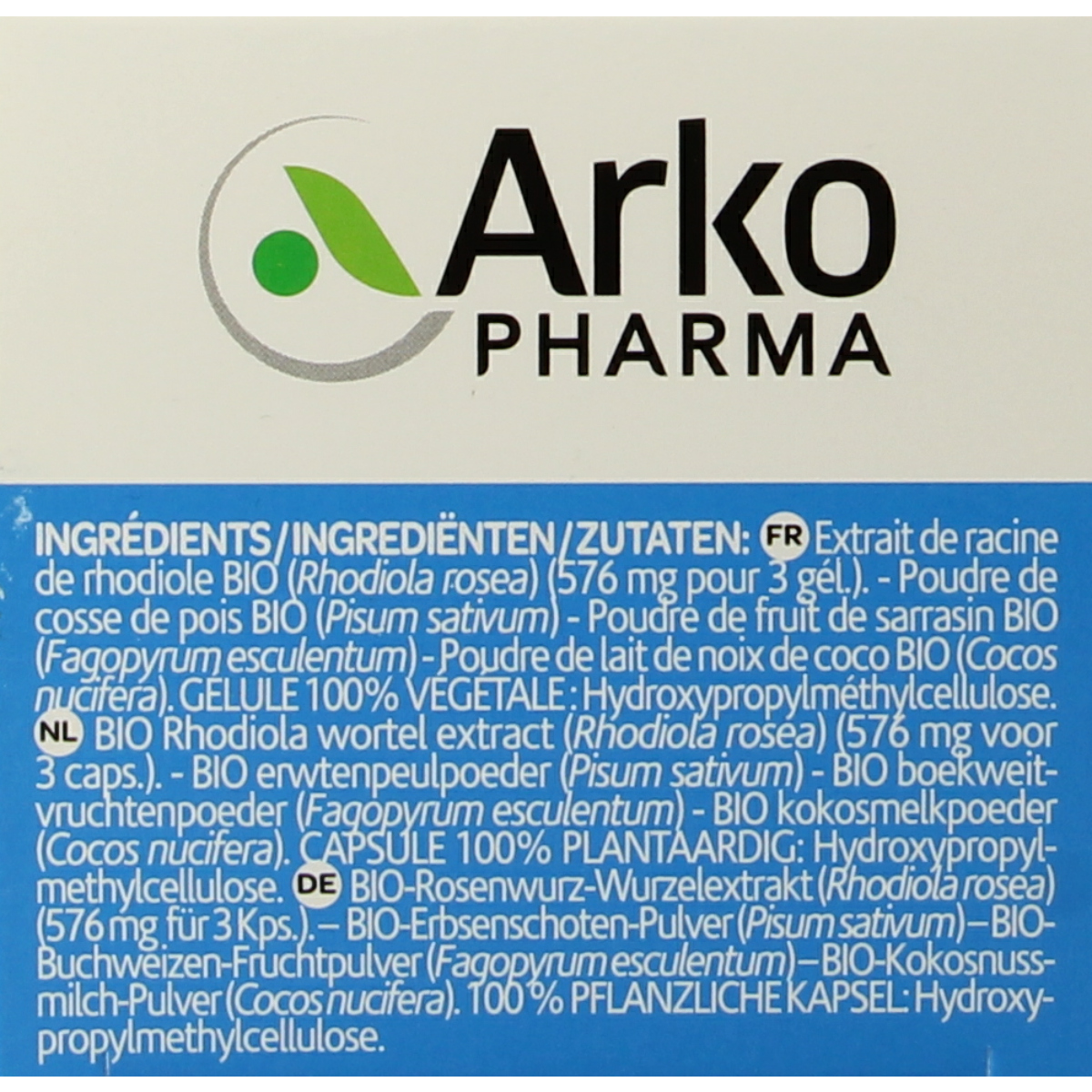 Arkocaps Rhodiola bio herbal supplement capsules in a clear container, showcasing the product label and capsules inside.