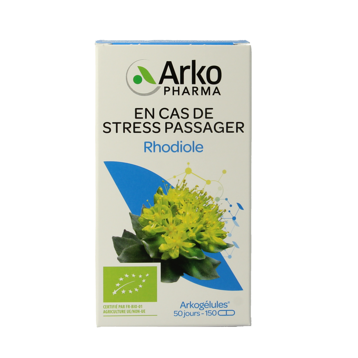 Arkocaps Rhodiola bio herbal capsules in a clear bottle, showing the label and capsules inside.
