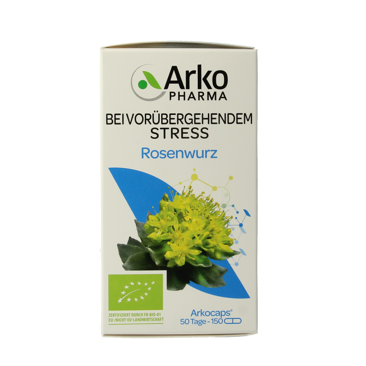 Arkocaps Rhodiola bio capsules in a clear container, showing 150 capsules of herbal supplement from Arkocaps.