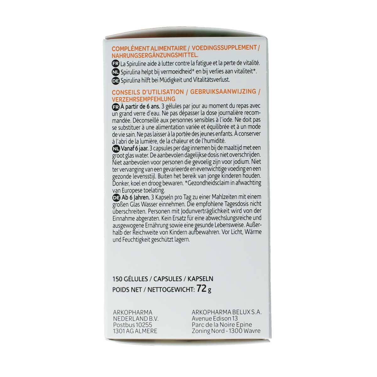 Arkocaps Spiruline 150 capsules in a clear container, showcasing vibrant green spirulina supplement from Arkocaps.