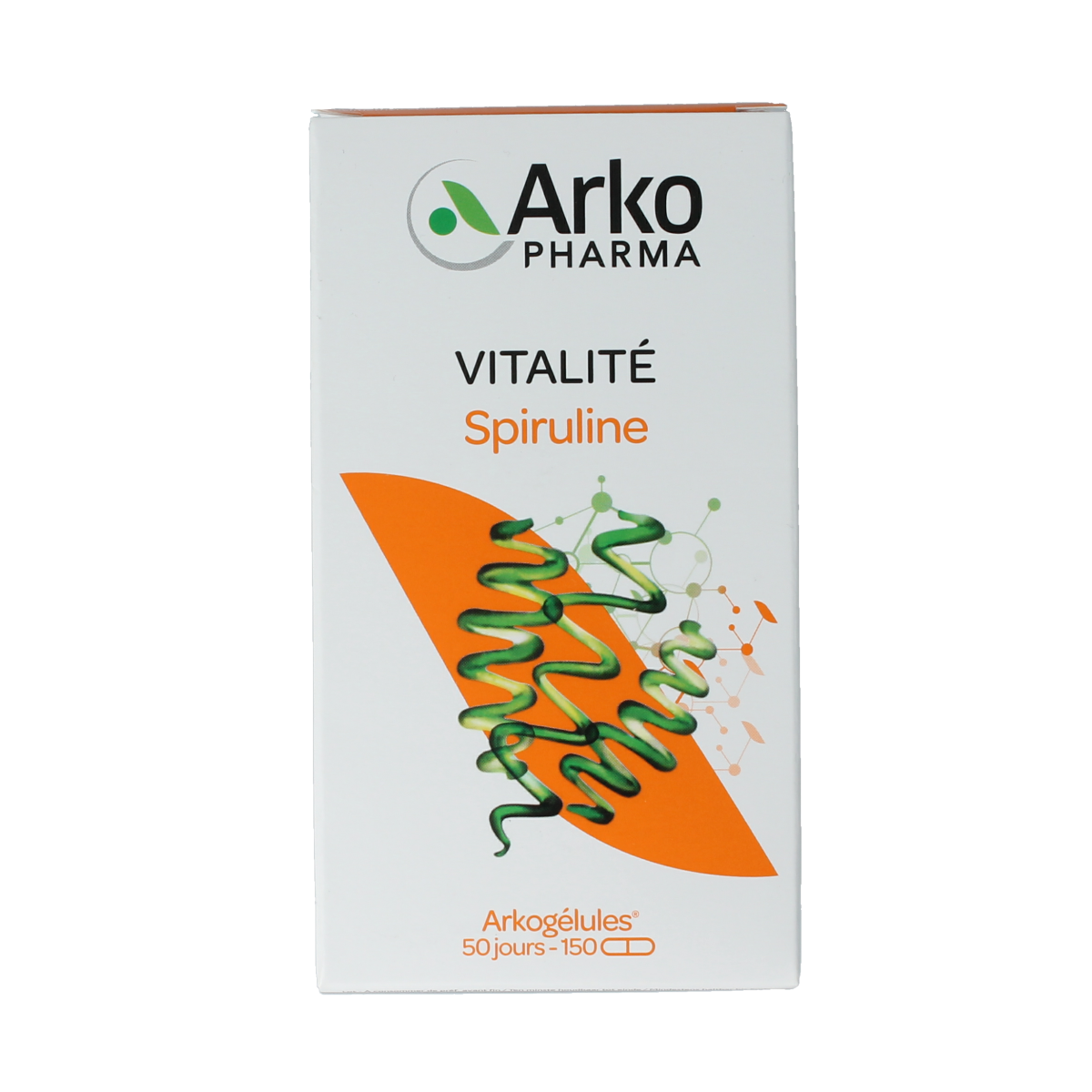 Arkocaps Spiruline capsules in a bottle, a herbal supplement from Arkocaps, with green spirulina powder inside.