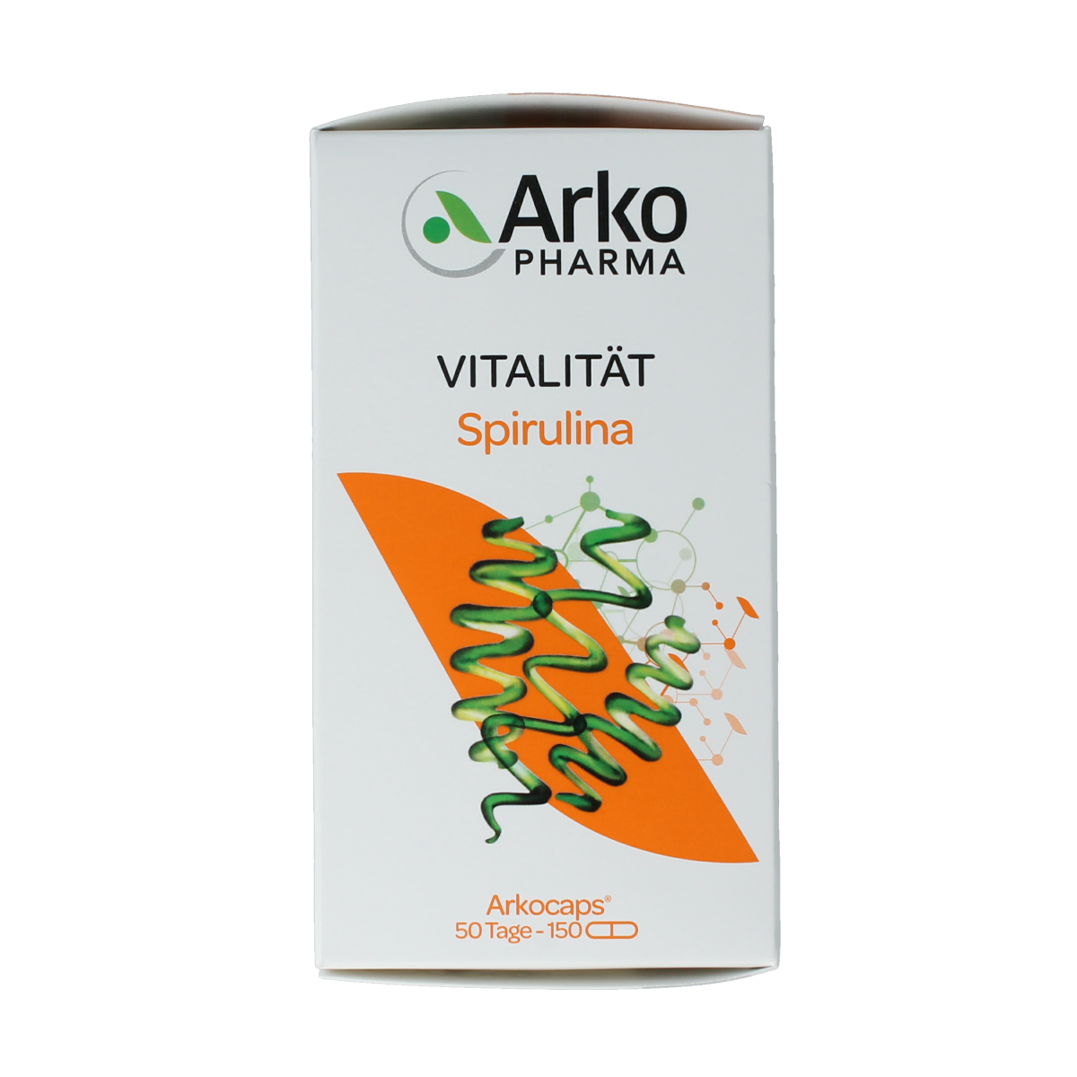 Arkocaps Spiruline 150 capsules, natural herbal supplement, green spirulina capsules in a clear container.