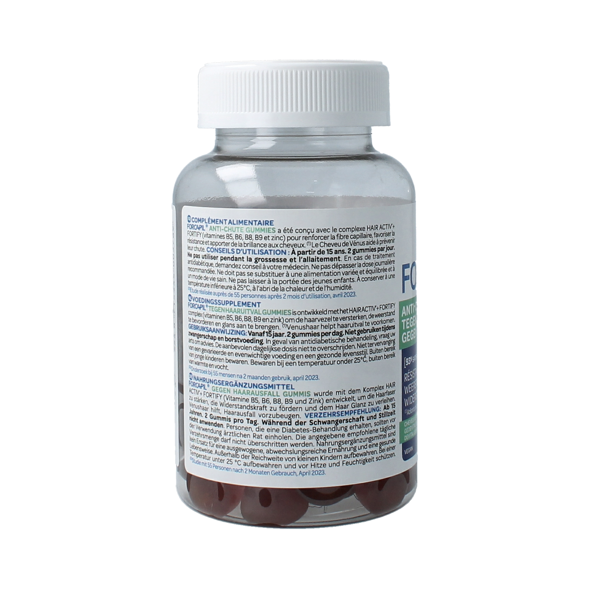 Forcapil Tegen haaruitval multivitamin gummies in a transparent bottle, showing colorful fruit-flavored chewable vitamins.