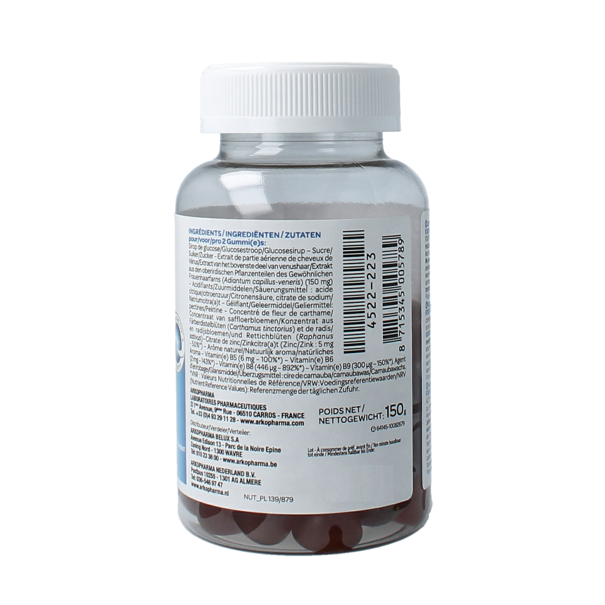 Forcapil Multi-Vitamin Gummies for hair loss, 60-count, with colorful gummy vitamins in a clear container.