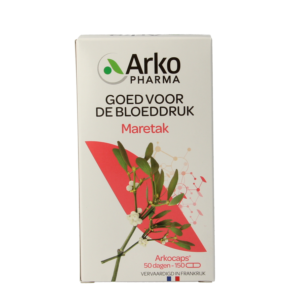 Arkocaps Maretak herbal capsules in a clear bottle, showing the label with 150 capsules for herbal supplement use.