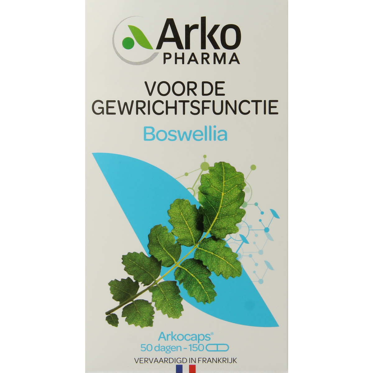 Arkocaps Boswellia vegetarian capsules, herbal supplement in a white bottle with green label and capsules inside.