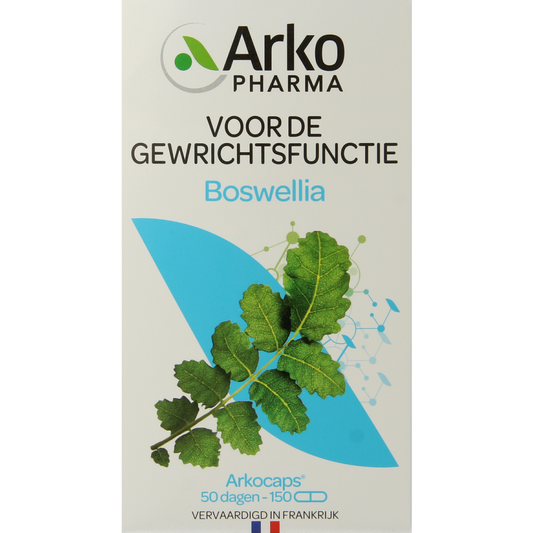 Arkocaps Boswellia vegetarian capsules, herbal supplement in a white bottle with green label and capsules inside.