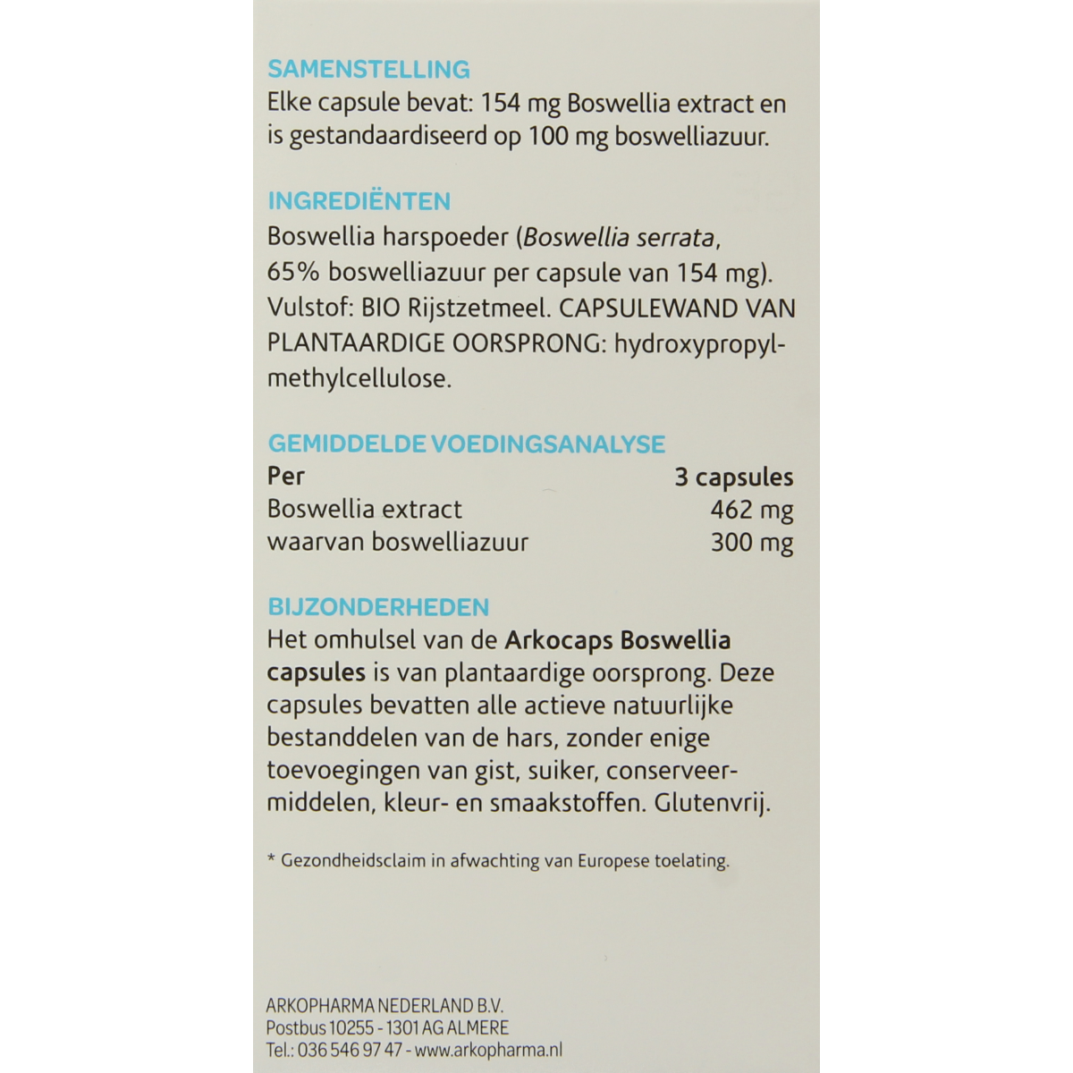 Arkocaps Boswellia vegetarian capsules, herbal supplement in clear bottle with label displaying product details.