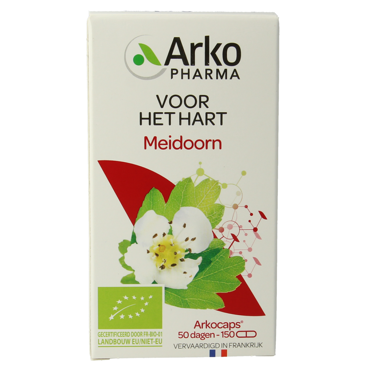 Arkocaps Meidoorn bio herbal capsules, natural supplement in a white bottle with 150 capsules, from the Arkocaps brand.