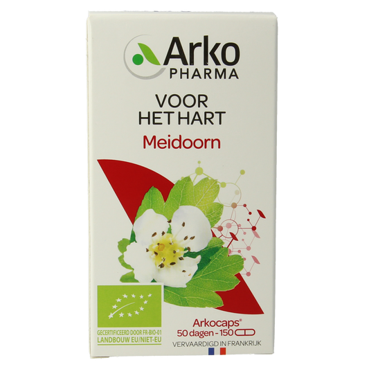 Arkocaps Meidoorn bio herbal capsules, natural supplement in a white bottle with 150 capsules, from the Arkocaps brand.