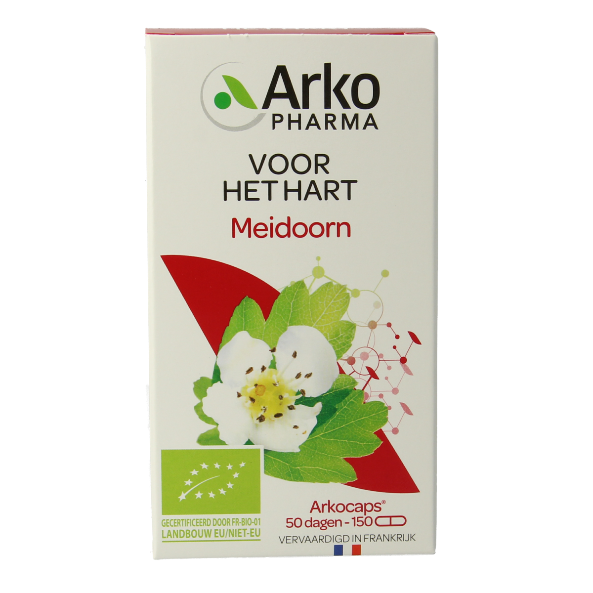Arkocaps Meidoorn bio herbal capsules in a bottle, showcasing the natural supplement for heart health.