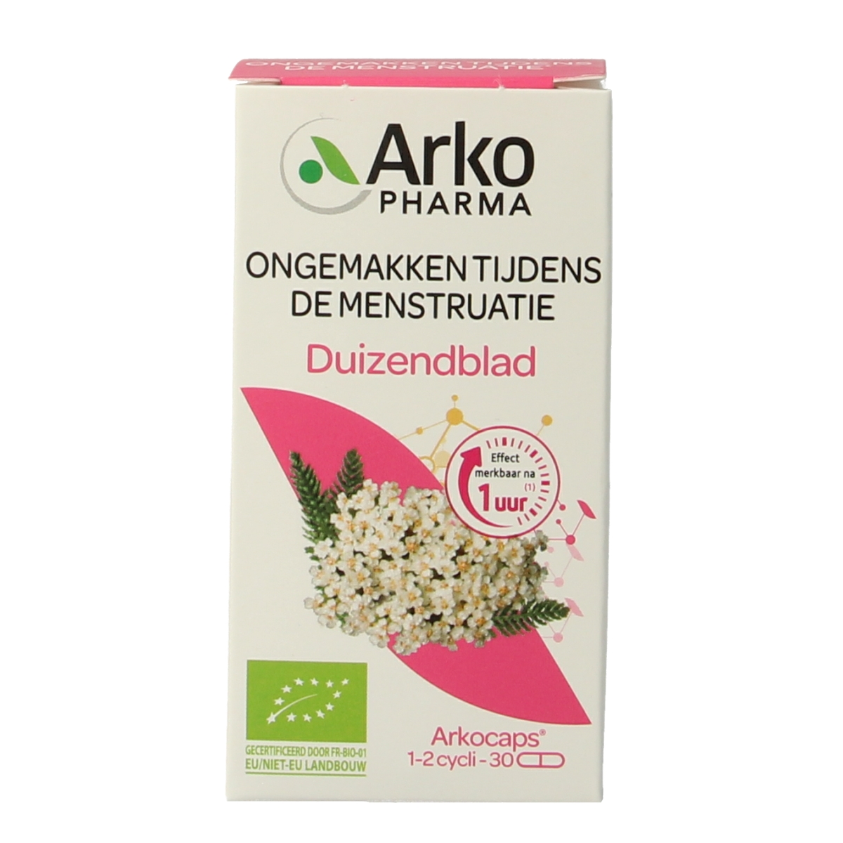 Arkocaps Duizendblad capsules in a bottle, herbal supplement from Arkocaps, designed for herbal health support.