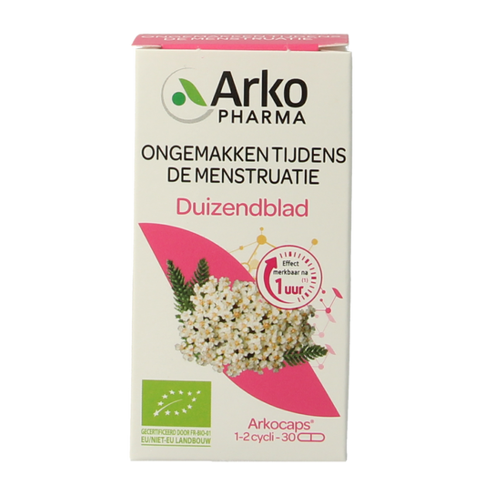 Arkocaps Duizendblad capsules in a bottle, herbal supplement from Arkocaps, designed for herbal health support.