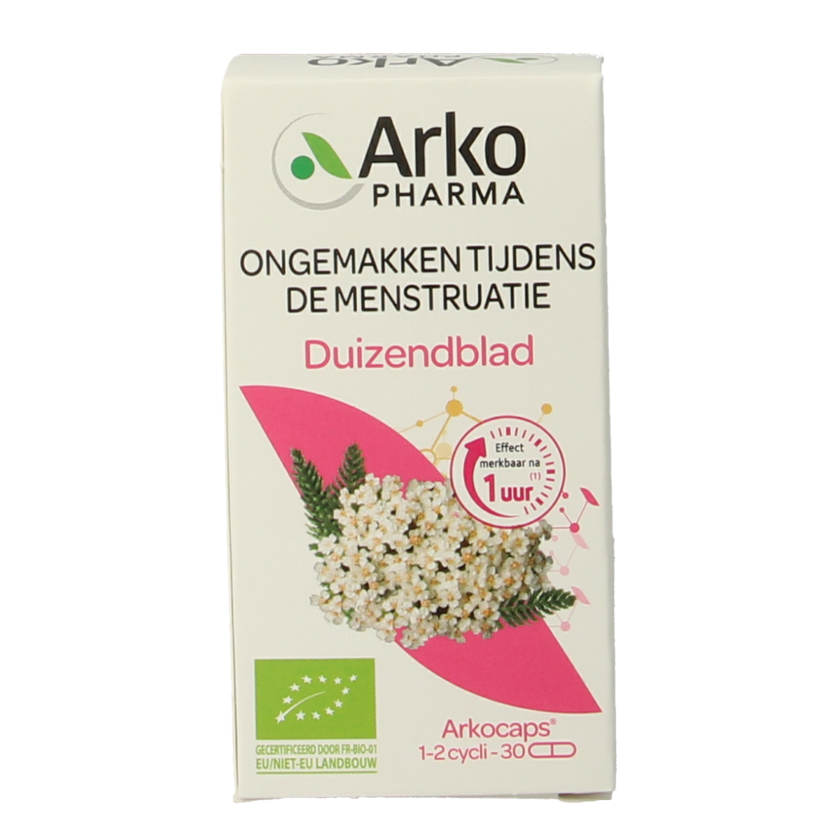 Arkocaps Duizendblad herbal capsules in a blister pack, part of Arkocaps kruidenpreparaten line, showing a row of capsules.