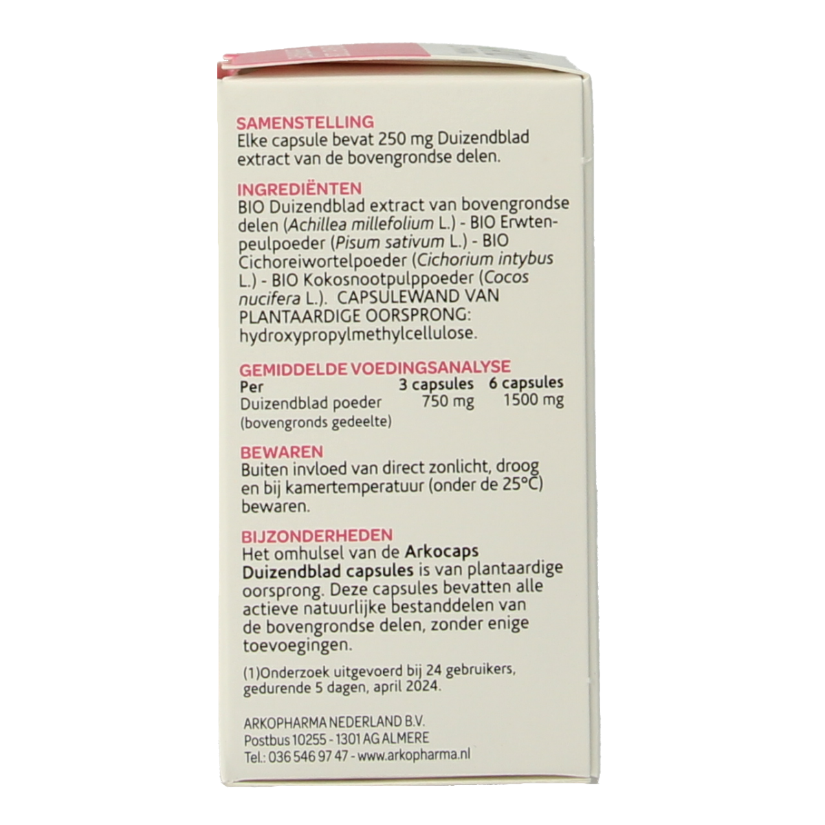 Arkocaps Duizendblad herbal capsules in a bottle, part of Arkocaps kruidenpreparaten collection, showing the product packaging.