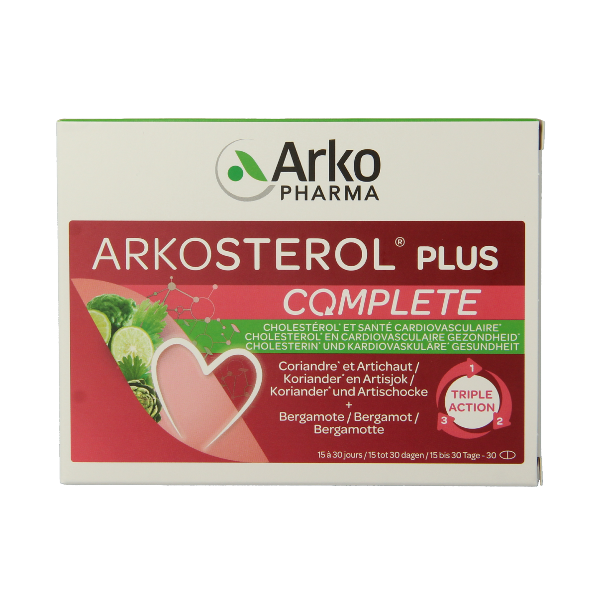 Arkosterol plus herbal supplement tablets by Arkosterol, shown in a blister pack with 30 tablets for overall wellness.
