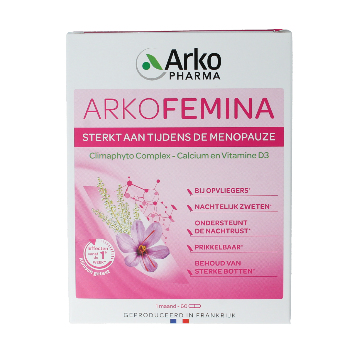 Arkopharma Arkofemina herbal supplement capsules, 60-count, natural plant-based remedy for women's health and hormonal balance.