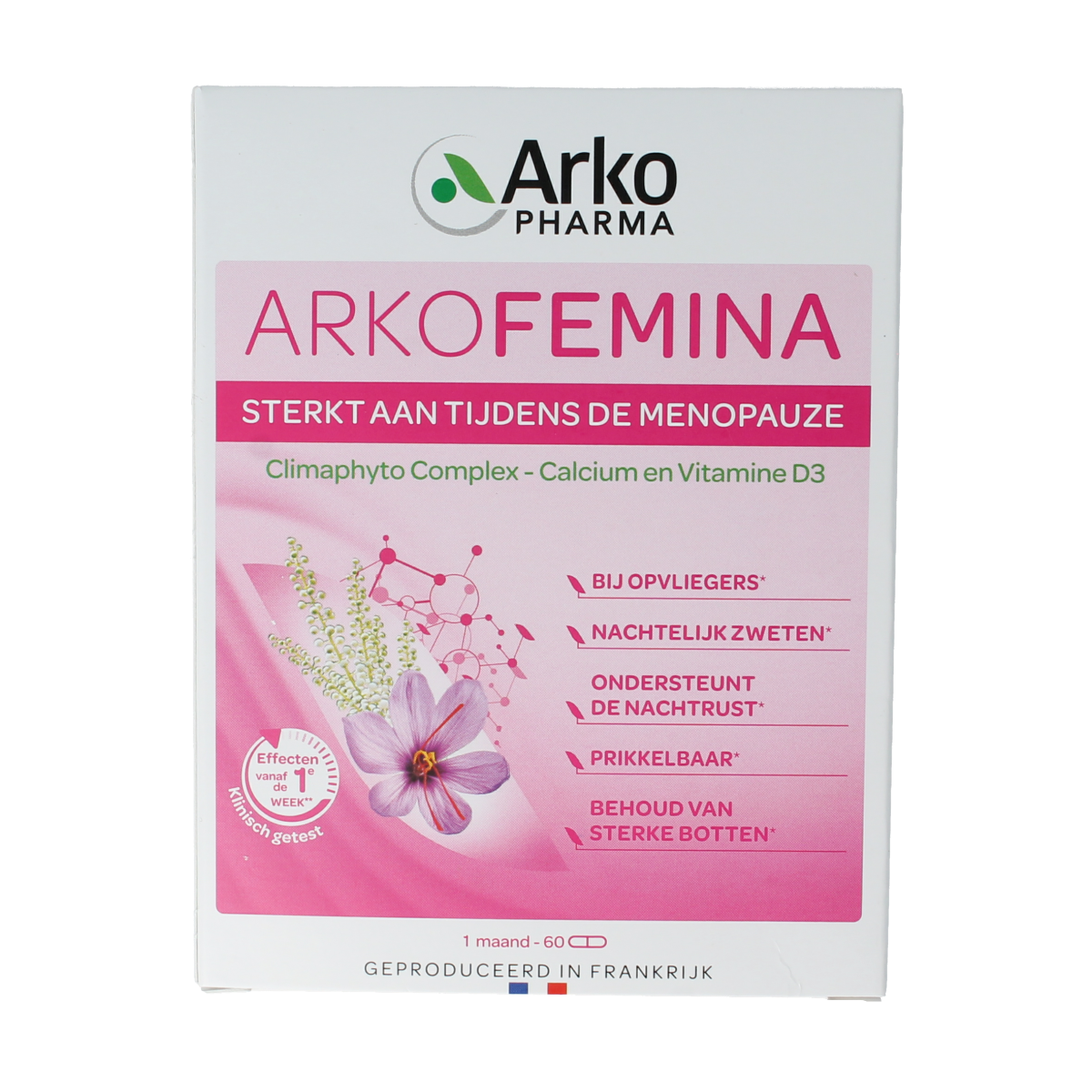 Arkopharma Arkofemina herbal supplement capsules, 60-count, in a clear container with a white label and green accents.