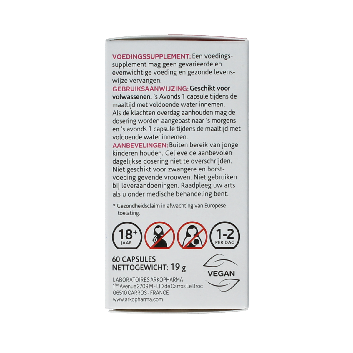 Arkocaps Zilverkaars herbal supplement capsules, 60-count, in a clear container showing the capsules inside.
