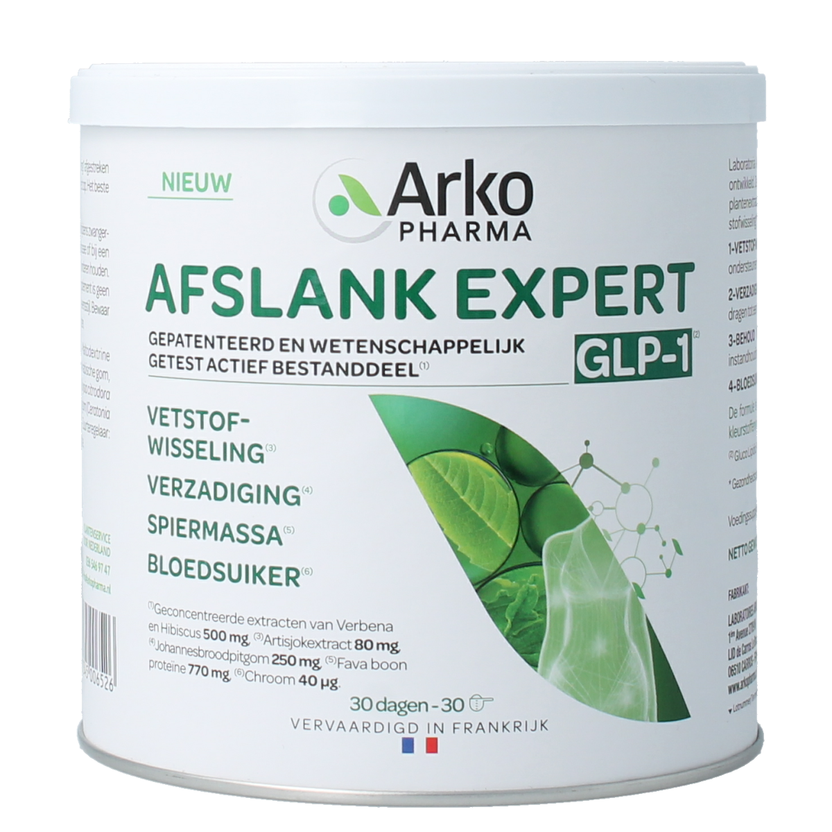Arkopharma Afslank expert GLP-1 herbal supplement in 270g jar, natural kruidenpreparaat for weight management.