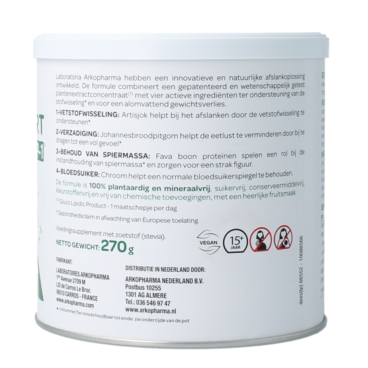 Arkopharma Afslank expert GLP-1 herbal supplement in a 270g package, featuring natural herbal ingredients for weight management.