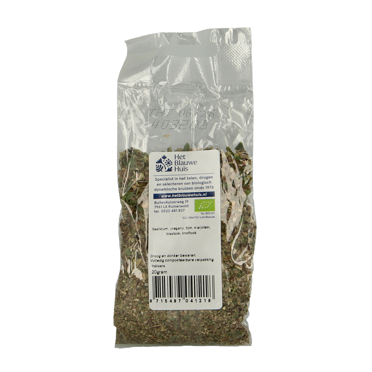 Organic Italian herbs blend from Het Blauwe Huis, 20g package, featuring a mix of aromatic herbs for cooking and seasoning.